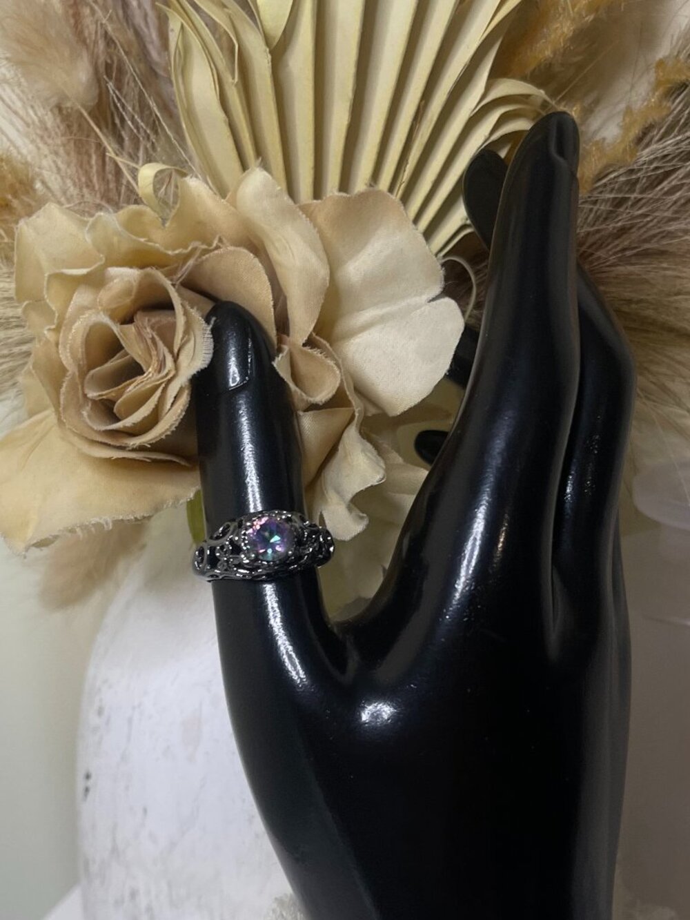 Natural Rainbow Topaz Filigree Ring 925 Sterling Silver Fire Flash Gemstone Sz 8